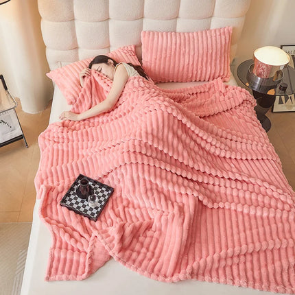 Korean Style Throw Blanket for Couch, Cozy Warm Plush Striped Blanket for Sofa
