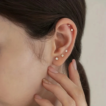 7pcs/Set Stainless Steel Crystal Flat Studs Women Men Bar Screw Back Tragus Round Clear Cubic Zirconia Piercing Earrings Jewelry