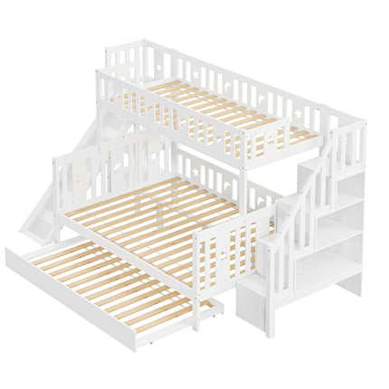 Children bed 90x200/140x200 cm, solid wood bunk bed with slide and shelf with safety levels, trundle bed and slatted frame, White