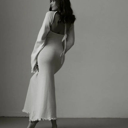 Cryptographic Elegant Knitted Sweater Maxi Dress Outfits for Women Flare Sleeve Sexy Backless Dresses Edible Tree Fungus Clothes