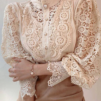 Women Chiffon Button Turtleneck Shirt Chic Elegant Floral Lace Fluffy Long Sleeve Top Fashion Hollow Oversize White Blouse 2024