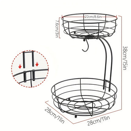 2-Tier Fruit Basket, Metal Fruit Bowl, Bread Baskets, Fruit Holder, Large Fruit Stand Organizer With Banana Hanger, Black
