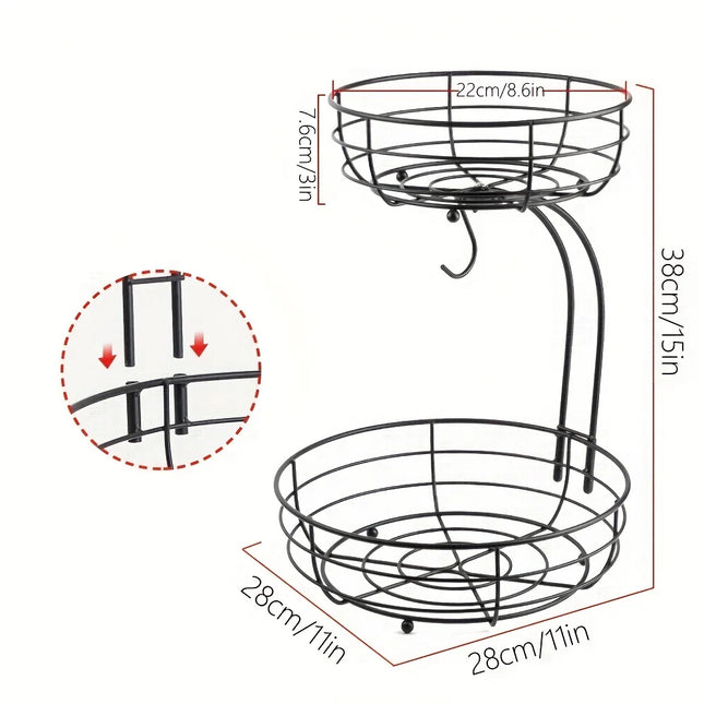 2-Tier Fruit Basket, Metal Fruit Bowl, Bread Baskets, Fruit Holder, Large Fruit Stand Organizer With Banana Hanger, Black