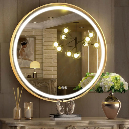 600mm Round LED Mirror Illuminated Lighted Wall Hanging Bathroom Mirror, Anti-fog, Golden/ Black Frame for Bathroom Entryway