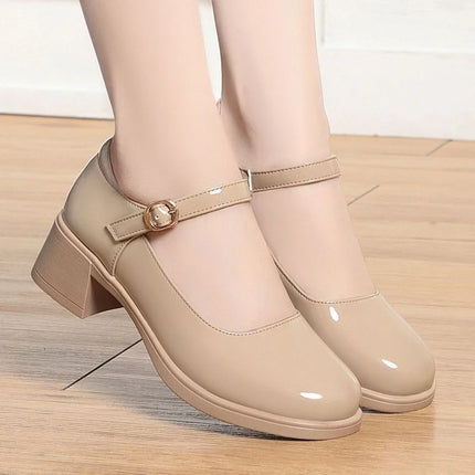 patent leather buckle strap square heel shoes lady comfort office career work pumps