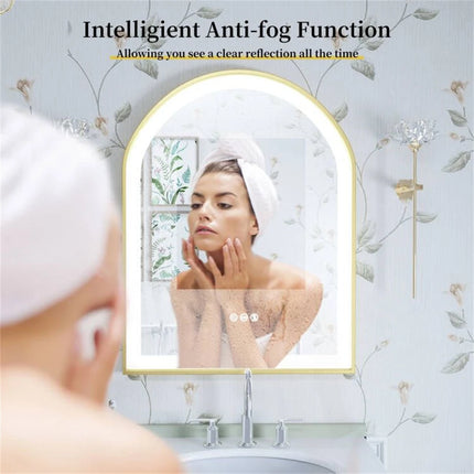 Gold LED Bathroom Mirror Large Wall Mounted Vanity Mirror 3 Colors Anti-Fog Dimmable Front Light Aluminum Frame 36x24" Arched