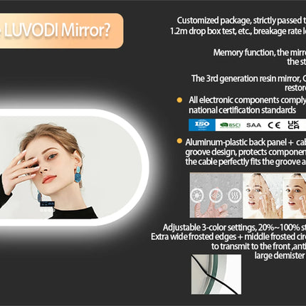 Large Bathroom Mirror Oval LED Vanity Mirror Wall Mounted w Bluetooth, Digital Display, Back Front Lit, Anti Fog for Hotel Hall