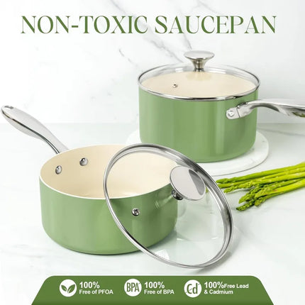 Non Stick Saucepan with Lid Stainless Steel Handle Ceramic Coating Milk Pot for Cooking Scratch