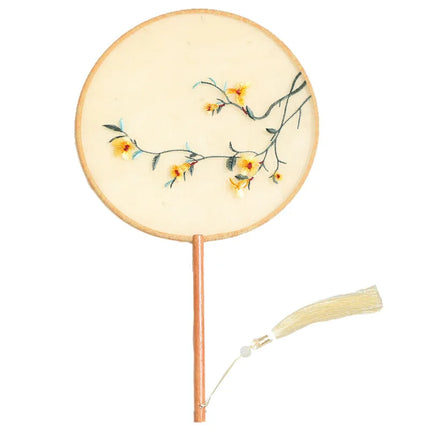 Embroidered Group Fan Ancient Style Fan Summer Long Handled Tassel Dance Hanfu Palace Fan Children's Cheongsam Round Fan