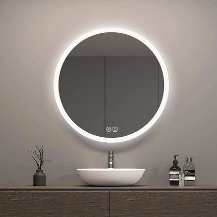 Round Bathroom Mirror with LED Lights Wall-mounted Anti-fog Mirror Light Touch Switch Color Temperature Adjustable Stepless Dimm