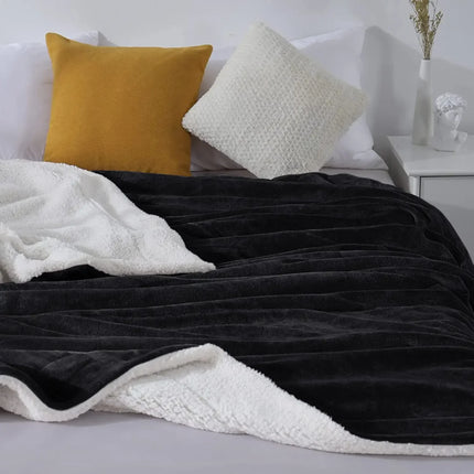 Sherpa Fleece Blanket Throw Black Soft Reversible Thick Plush Blankets Microfiber