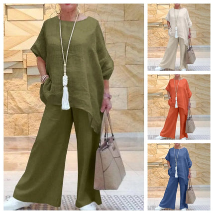 Elegant Women's Cotton 2-Piece Set Sportswear Set Long Sleeve Top Loose Pants Set Women's