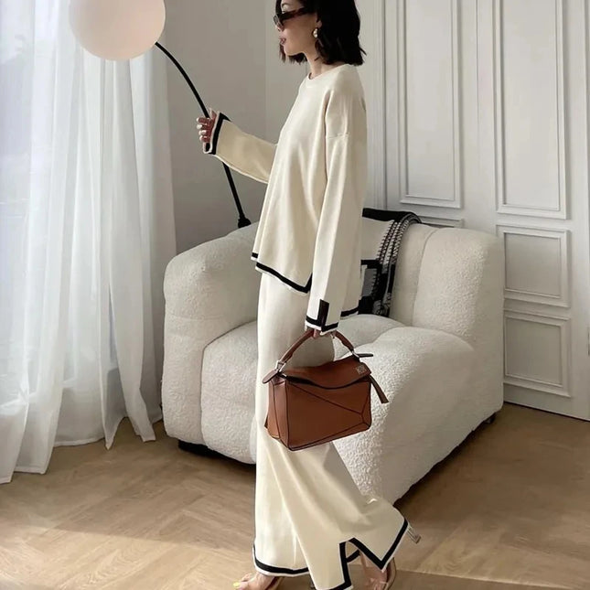 Long Sleeve Sweater+wide Leg Pants 2 Piece Sets Womens Autumn Solid Color Casual Sweatshirts