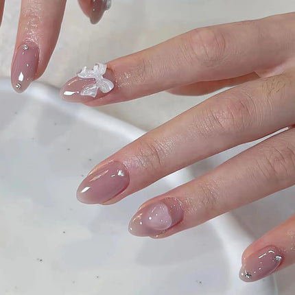 Blush Pink False Nails Bowknot Diamond Pearl 3D Design Press on Nail Tips