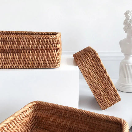 3 size Hand-woven Rattan Wicker Basket Fruit Tea Snack Bread Basket Cosmetic Rectangular Storage Box Household Kitchen Supplies