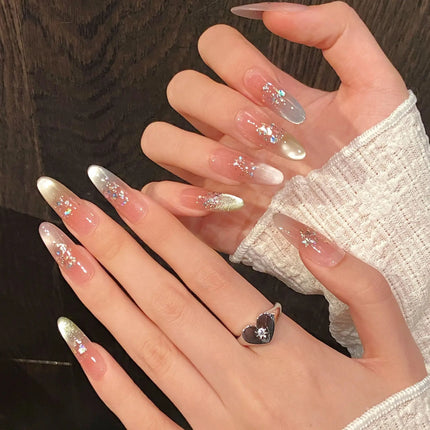 10Pcs Reuse Finished Fake Nails with Butterfly Deisgn Pink Cat's Eye French