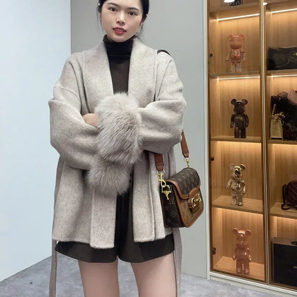 High End Double-sided Wool Strapping Real Wool Fur Coat Women's Removable Cuffs Fox Fur Temperament Cashmere Short Jacket