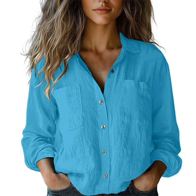 2025 Autumn Cotton Linen Breathable Solid Color Button Down V-neck Shirt Basic And Versatile Casual