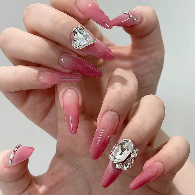 Blush Pink False Nails Bowknot Diamond Pearl 3D Design Press on Nail Tips