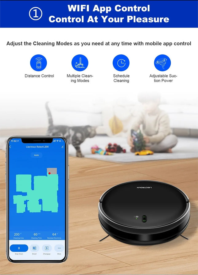 Liectroux L200 Robot Vacuum Cleaner Max 4000Pa Suction Smart Mapping 230ml Electric Control Water Tank