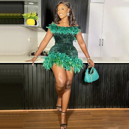 Spring And Summer Women's Clothing MINI Short Solid Color New Wind Sequins Halter Beach Dress One-word Shoulder Feathers Spice G