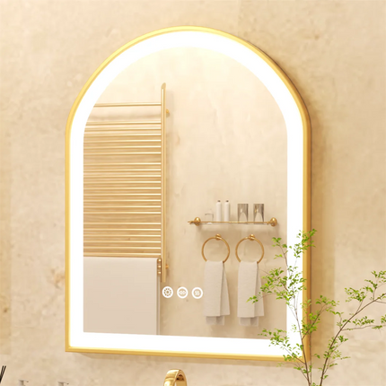 Gold LED Bathroom Mirror Large Wall Mounted Vanity Mirror 3 Colors Anti-Fog Dimmable Front Light Aluminum Frame 36x24" Arched