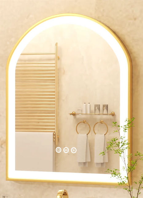 Gold LED Bathroom Mirror Large Wall Mounted Vanity Mirror 3 Colors Anti-Fog Dimmable Front Light Aluminum Frame 36x24" Arched