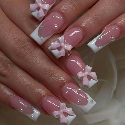24Pcs Pink French Style Fake Nails 3D Bowknot Designs Short Square