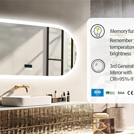 Large Bathroom Mirror Oval LED Vanity Mirror Wall Mounted w Bluetooth, Digital Display, Back Front Lit, Anti Fog for Hotel Hall