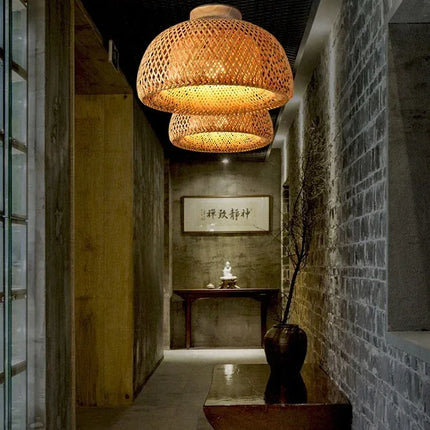 Handmade Boho Bamboo Wicker Ceiling Light Fixture Traditional Farmhouse Bedroom Nursery Hallway Corridor Mount Ceiling Light