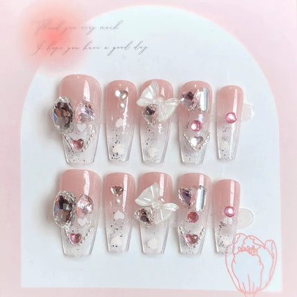 Blush Pink False Nails Bowknot Diamond Pearl 3D Design Press on Nail Tips