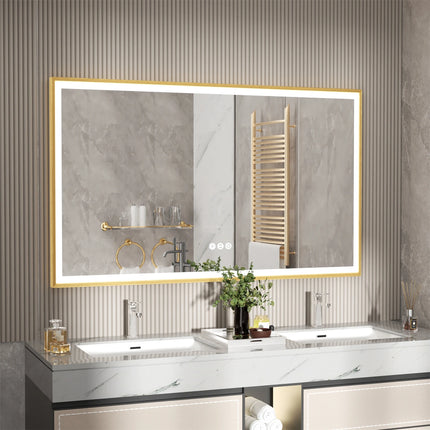 Smart LED Bathroom Mirror Demister Touch Sensor Gold Brushed Brass Frame Anti-Fog Vanity Wall Mirror 3 Sizes