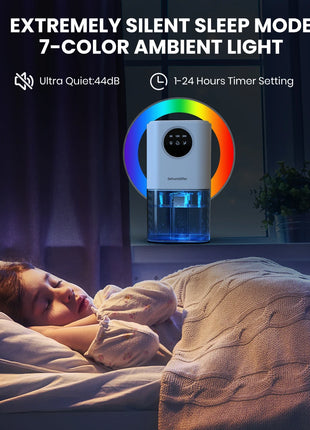 Portable Dehumidifier With 35 Ounces Capacity, Silent Operation, With Romantic Colorful Lights, Timer Switch