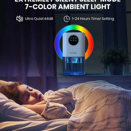 Portable Dehumidifier With 35 Ounces Capacity, Silent Operation, With Romantic Colorful Lights, Timer Switch