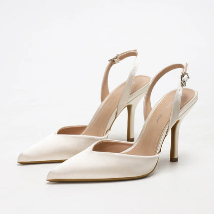 Women's Ivory Satin Pointed-Toe Slingback Heeled Sandals