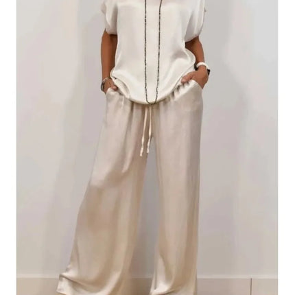 2-piece Set Fashion Satin O Neck T-shirt Top Trousers Summer Retro Elegant Casual Loose Wide