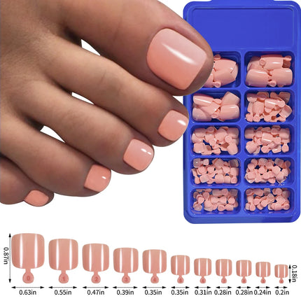 144pcs Short Square False Toe Nails Lake Blue/White/Red/Nude Press