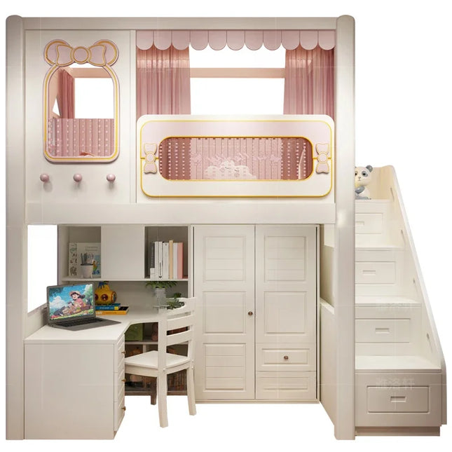 Children's bunk bed High and low bed Upper and lower table With desk Wardrobe Integrated bed Girl Princess Staggered combina