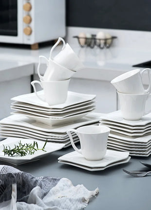 MALACASA Amparo 30/60 Piece White Porcelain Dinnerware Set Cups Saucers Dessert Soup Dinner Plates Service for 6/12 Persone
