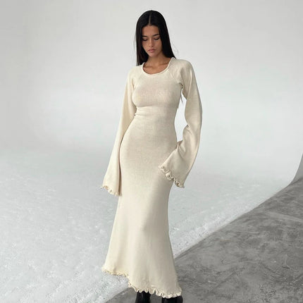 Cryptographic Elegant Knitted Sweater Maxi Dress Outfits for Women Flare Sleeve Sexy Backless Dresses Edible Tree Fungus Clothes