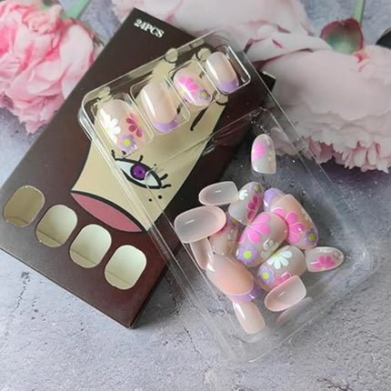 24Pcs Short Almond Press-On Nails Pink Floral French Tip Glossy&Elegant Full Cover