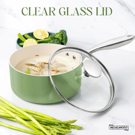 Non Stick Saucepan with Lid Stainless Steel Handle Ceramic Coating Milk Pot for Cooking Scratch