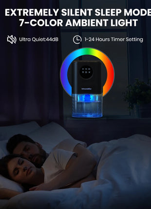 Portable Dehumidifier With 35 Ounces Capacity, Silent Operation, With Romantic Colorful Lights, Timer Switch