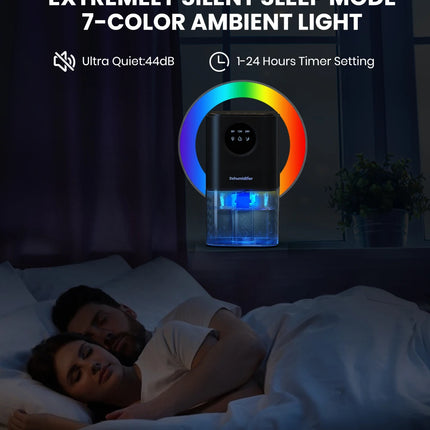 Portable Dehumidifier With 35 Ounces Capacity, Silent Operation, With Romantic Colorful Lights, Timer Switch