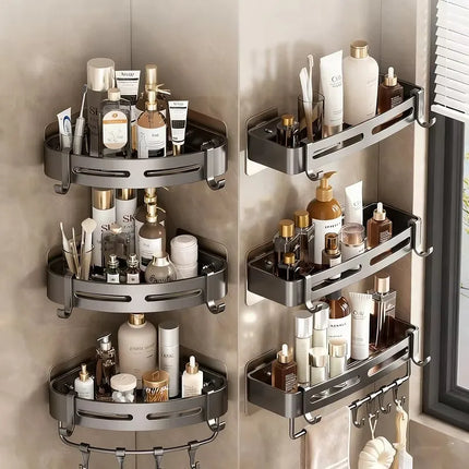 2pcs Bathroom Corner Shelf With Hook No Drill Space Aluminum Wall Mounted Shower Holder Shampoo