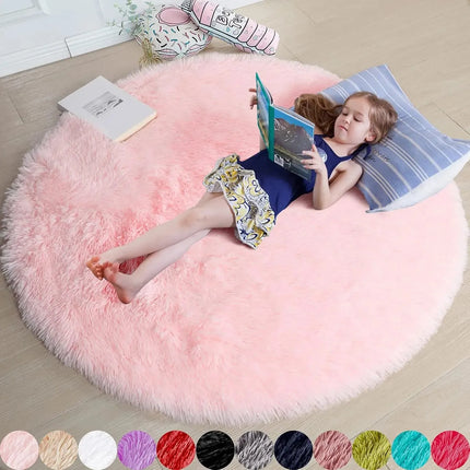 Pink Round Rug for Girls Bedroom,Fluffy Circle Area Rug for Kids Room,Furry Shaggy Carpet for Living Room