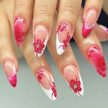 24Pcs Short Almond Press-On Nails Pink Floral French Tip Glossy&Elegant Full Cover