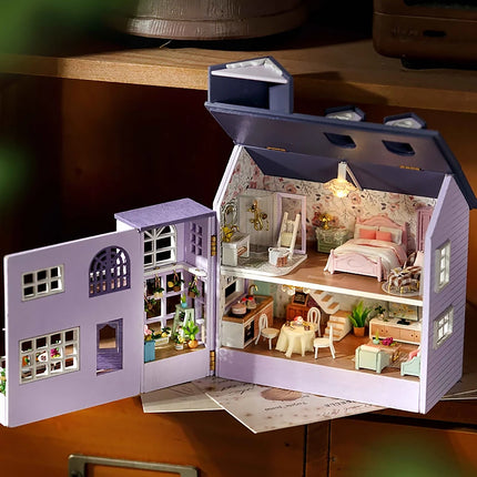 Wooden Doll House Assembly Building Model Pink Princess Villa Architecture Kit 3D