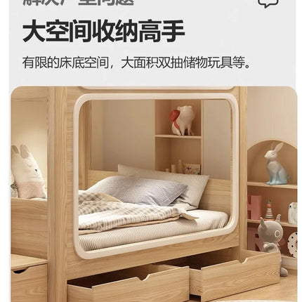 bunk bed tree house second floor same width children's  boy high and low  wood color child and mother slide