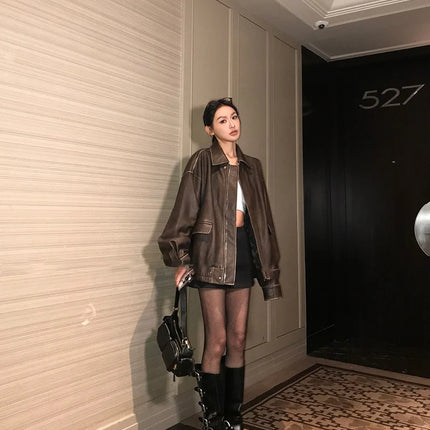 Spring Autumn Cool Handsome Retro Oversized Distressed Brown Soft Faux Leather Jackets for Women Zipper Runway Fashion